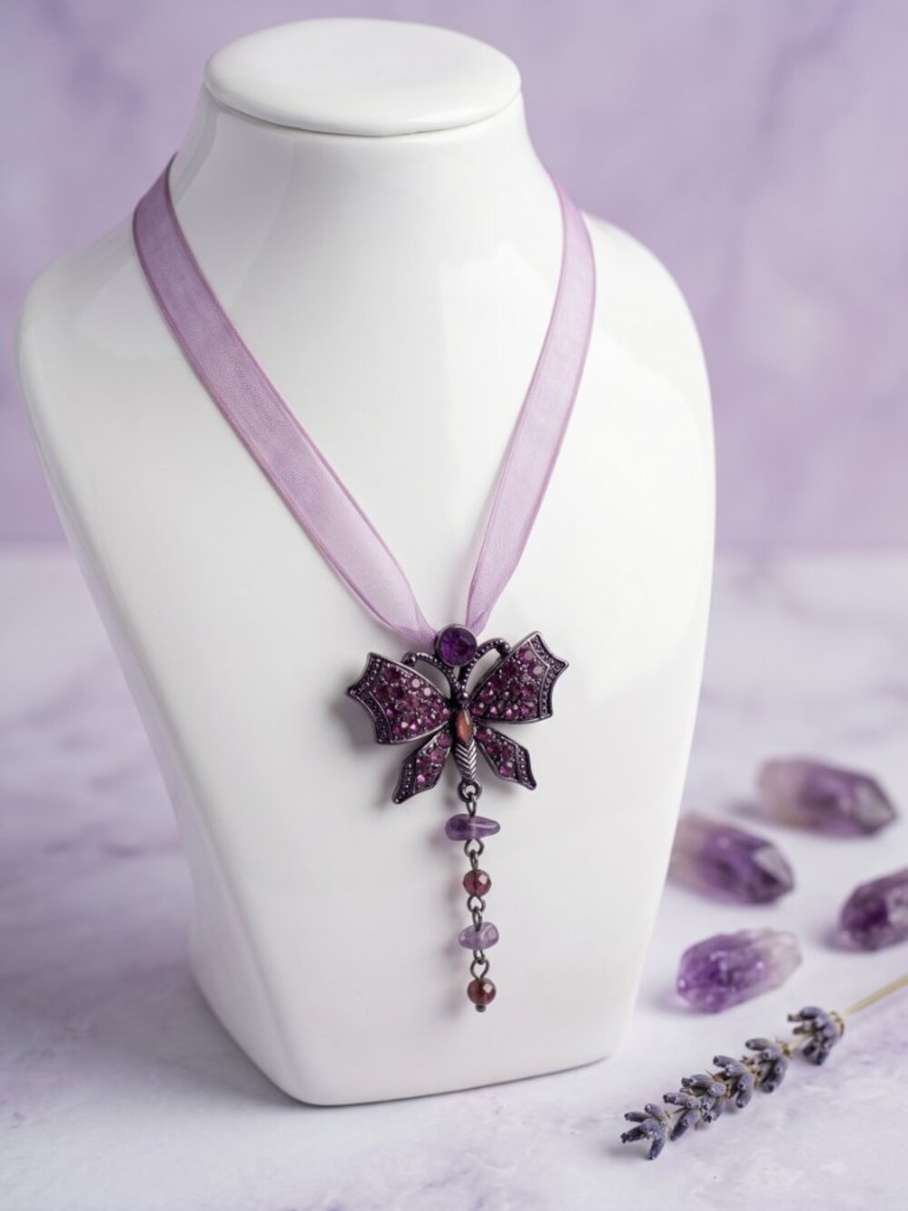 Enchanting Vintage Purple Rhinestone Gem Butterfly Pendant Necklace